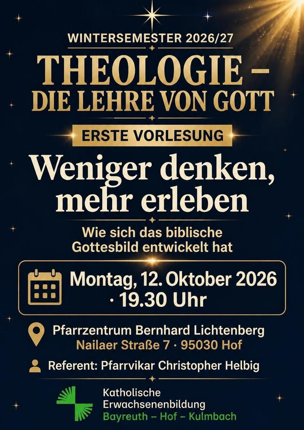 Ein Plakat auf dem die Vorlesung 'Weniger denken, mehr erleben' angekündigt wird